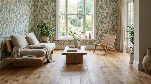 Hình ảnh sàn gỗ kết hợp giấy dán tường