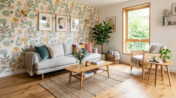 Mẫu giấy dán tường được kết hợp hài hòa với sàn gỗ