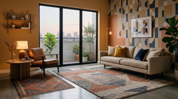 Hình ảnh giấy dán tường kết hợp với thảm trang trí