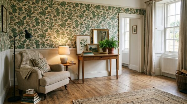 Mẫu giấy dán tường được kết hợp với sàn gỗ