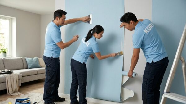 Hình ảnh công nhân thi công giấy dán tường chuyên nghiệp
