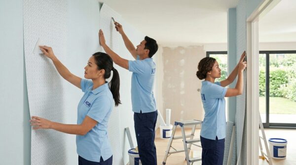 Công nhân đang thi công các mẫu giấy dán tường