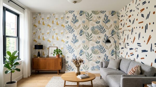 Không gian được trang trí bằng giấy dán tường