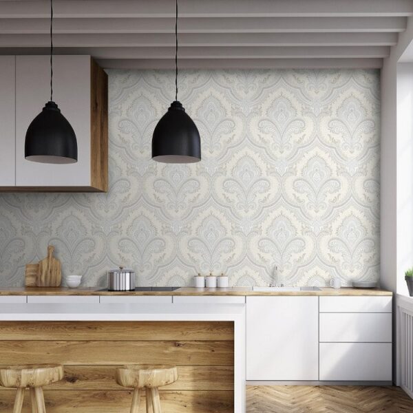 Mẫu giấy dán tường kết hợp với sàn gỗ và nội thất