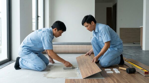 Hình ảnh công nhân thi công sàn nhựa