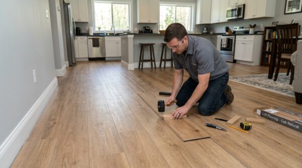 Hình ảnh công nhân lắp đặt sàn nhựa