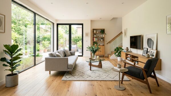 Hình ảnh phòng khách được lát sàn gỗ